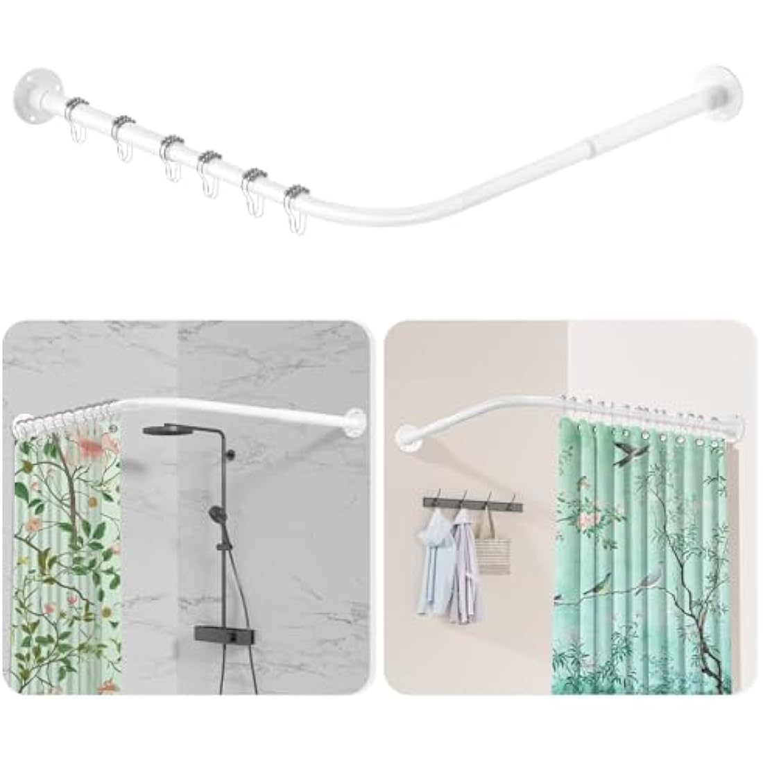 L Shaped Shower Curtain Rail, [60-135cm] x [60-135cm] Adjustable Corner Shower Curtain Rod, Wall Mounted Curved Shower Rail With 12 Rings & Ceiling Support For Bathroom Bathtubs, Need Drilling, White