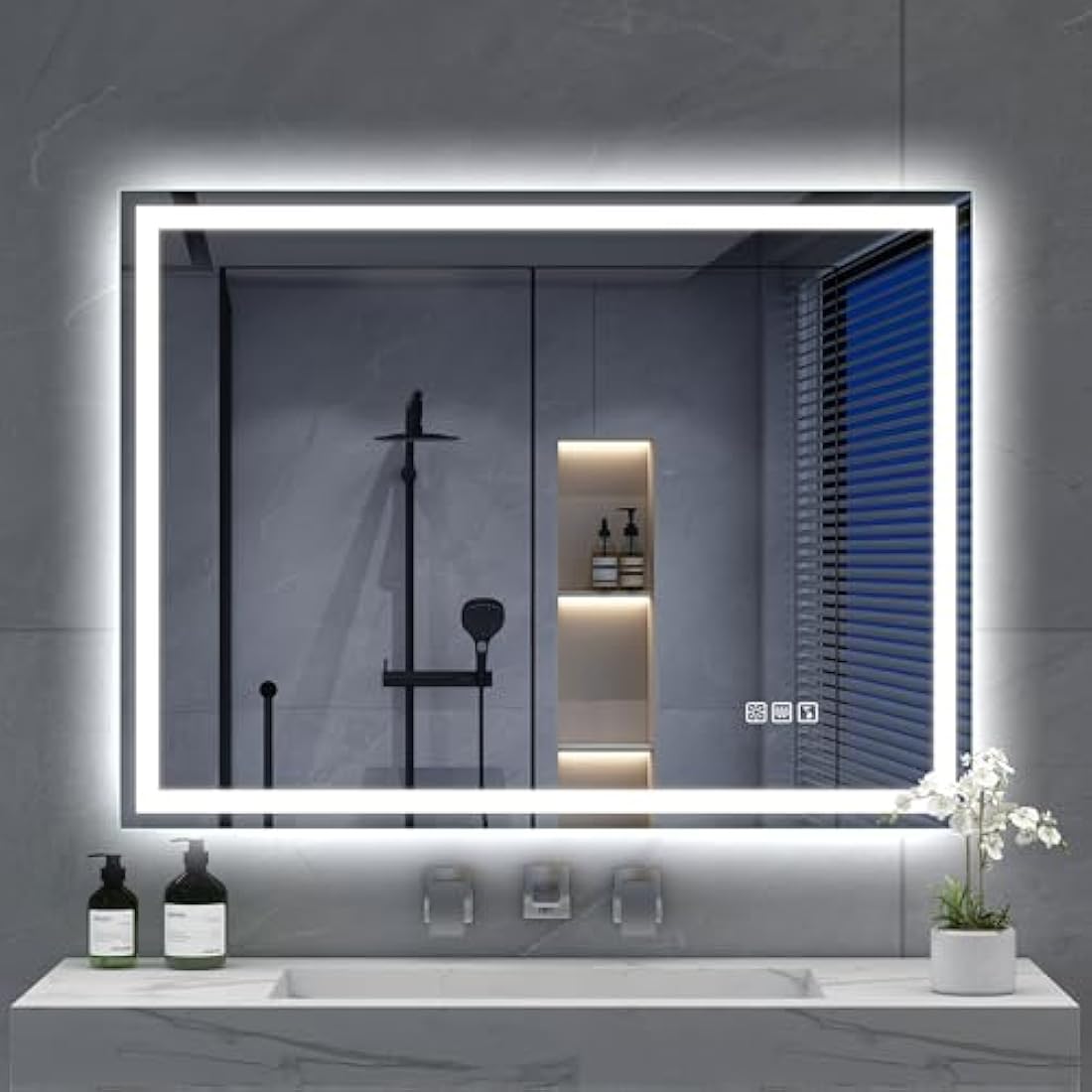 S'bagno Bluetooth-Bathroom-Mirror-with-LED-Lights 800x600mm, LED-Bathroom-Mirror with Defogging Mat, 3000K-6500K, Dimmable, Memory, HD Tempered Glass, IP44 Waterproof, Horizontal/Vertical