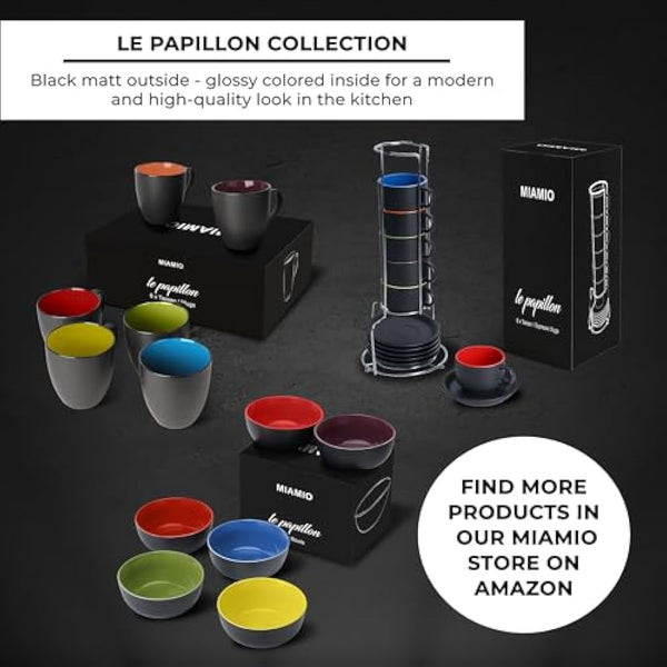 MIAMIO - 75 ml Espresso Cup Set with Saucers Coffee Mug Set of 6 - Ceramic Coffee Mug Stackable Espresso Mug with Stand for Coffee Drinks, Latte, Cafe Mocha - Le Papillon Collection (Mixed)