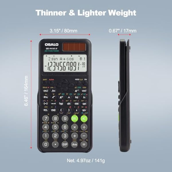 OSALO Scientific Calculator 401 Function 2-line Display 10+2 Digits Solar and Battery Calculator with Slide-on Cover for Secondary School Black (OS 991MS 2nd Edition)