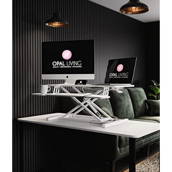 Opal Living Large 36" White Standing Desk Converter with Keyboard Raiser - Adjustable Sit to Stand Desk Stand