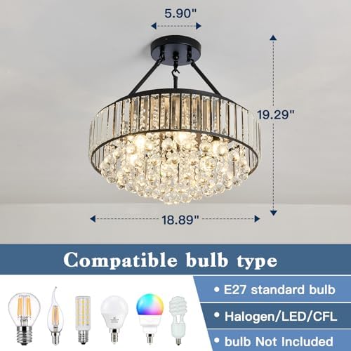 EOPSPYI 6-Lights Modern Crystal Chandelier Black Metal Semi Flush Mount Ceiling Light Fitting Round Ceiling Light for Dining Room Living Room Bedroom Bathroom Kitchen