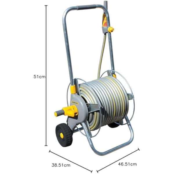 HOZELOCK - Cart Reel Metal Pro 30m : Reel on Wheels 30m, Stable, Robust Metal Drum, Telescopic Traction Handle Comfortable, Supplied Assembled with 30m Hose, 1 Nozzle and Fittings [2436R0000]