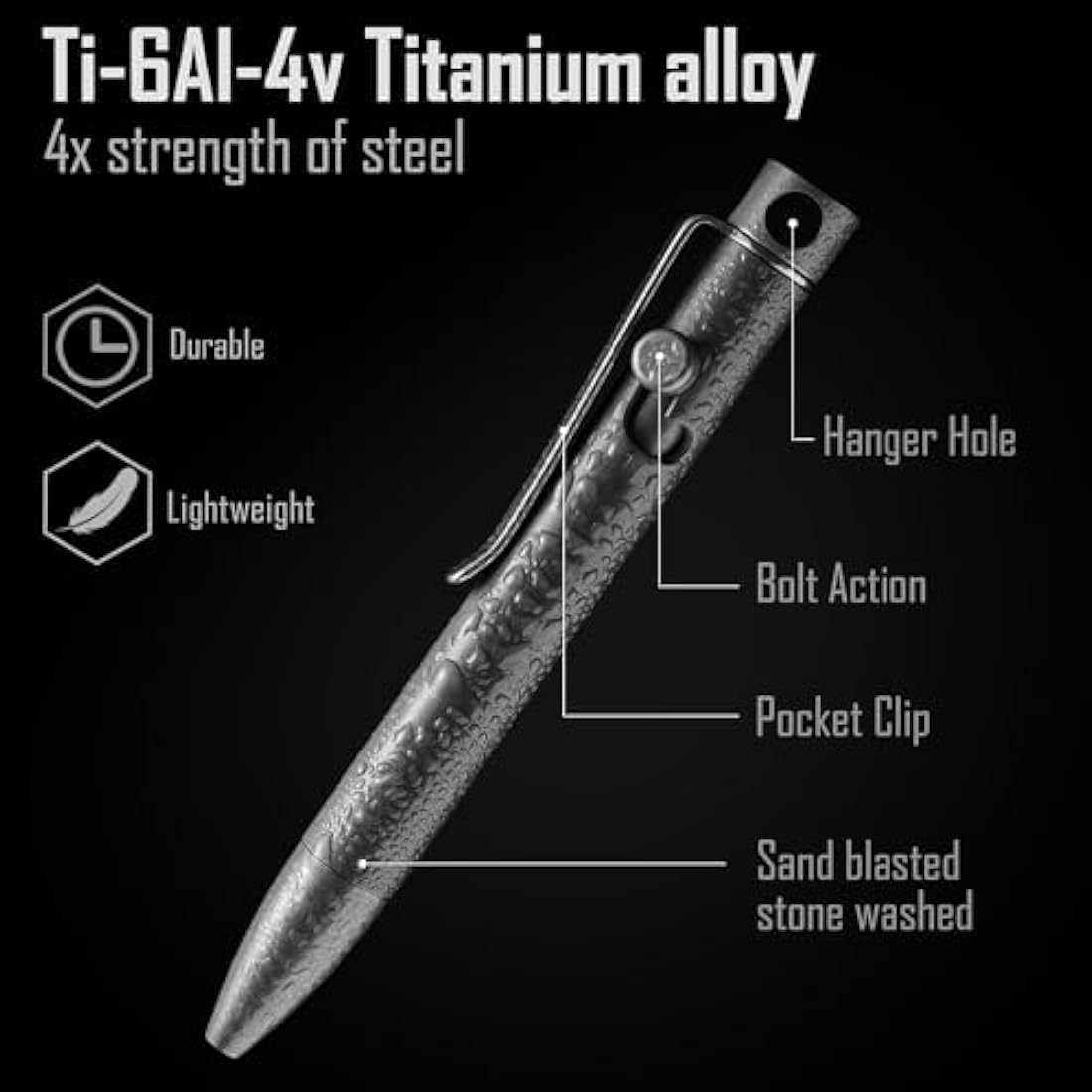KeyUnity KP03 Ballpoint Pen with Clip, EDC Pocket Pen Titanium Alloy Retractable Ballpoint Pen for Daily Use, (Stonewashed)
