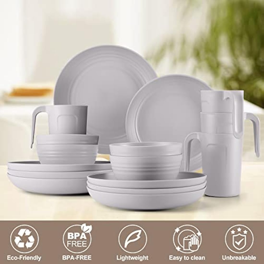 Odoland Lightweight Unbreakable Cutlery Sets for 4 People, Microwave and Dishwasher Safe Plates Bowls Mug Kit, Reusable Dinnerware with Cutlery, for Camping, Kitchen Gray