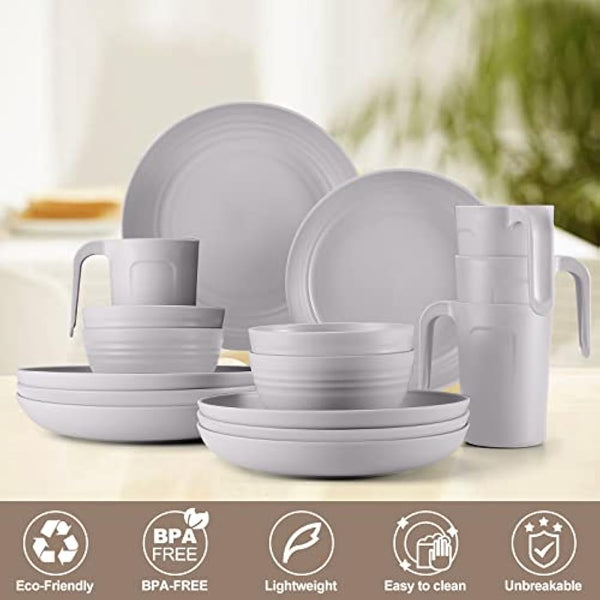 Odoland Lightweight Unbreakable Cutlery Sets for 4 People, Microwave and Dishwasher Safe Plates Bowls Mug Kit, Reusable Dinnerware with Cutlery, for Camping, Kitchen Gray