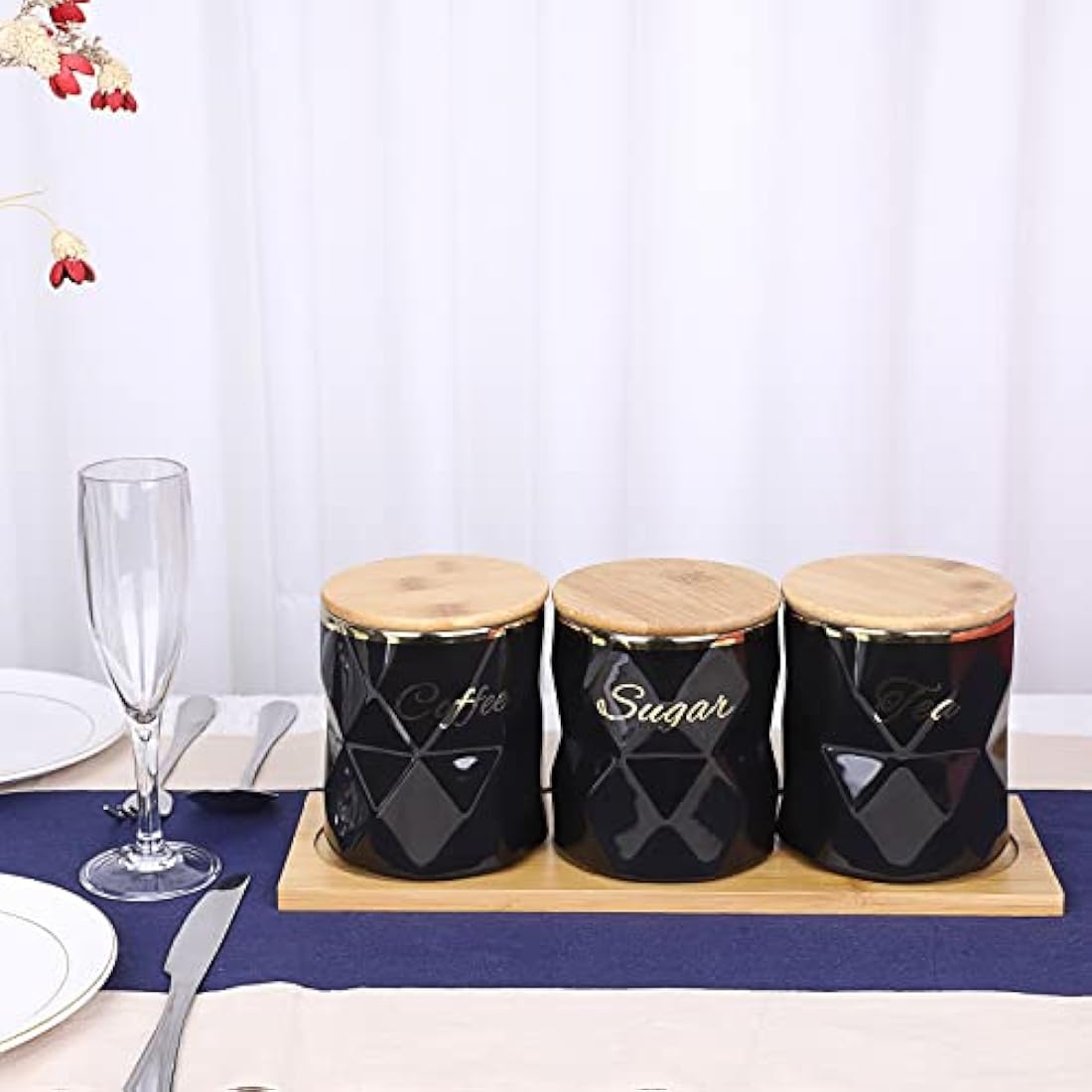 BTSKY Black Ceramic Sugar Coffee Tea Canisters with Lid and Tray - Airtight Set of 3 Storage Canisters Food Storage Containers Pots Jars with Bamboo Lid for Kitchen Counter