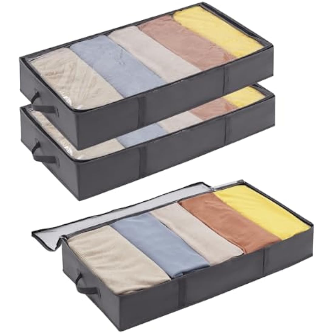 Lifewit 3 Pack UnderBed Storage Bags with Lid, Clothes Storage Boxes Foldable Under bed Storage Organizer with Reinforced Handle Thick Fabric Clear Window for Clothes Blankets Shoes, 65L, Grey