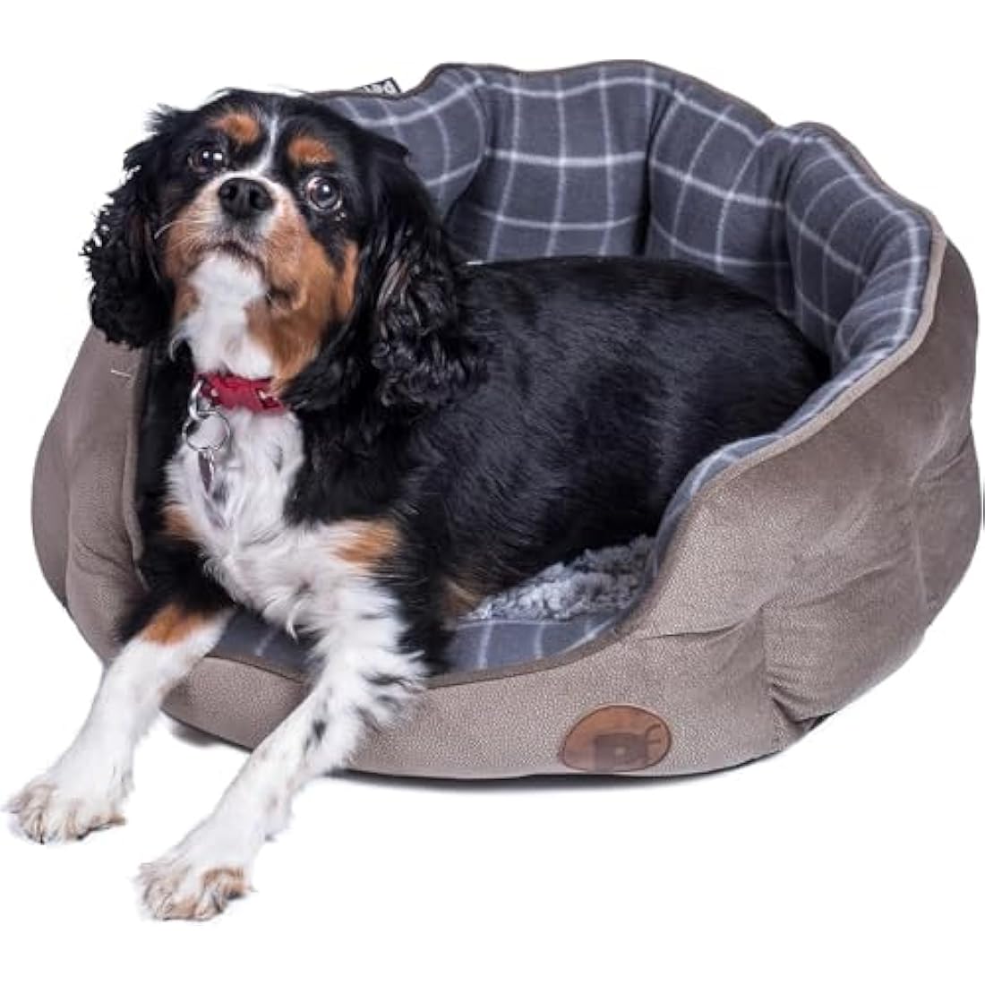 Petface Bamboo Oval Dog Bed, Medium, Grey Check