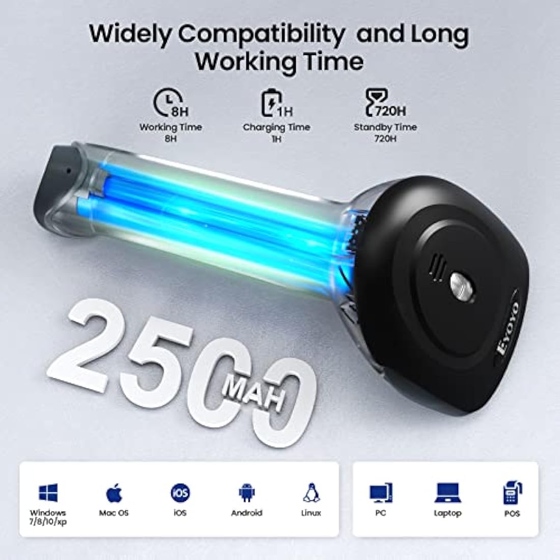 Eyoyo 2D Wireless Barcode Scanner with Stand, 2.4G Wireless & USB Wired, Cordless 2500mAh Rechargeable USB Handheld QR Bar Code Reader for PC Warehouse Inventory Management