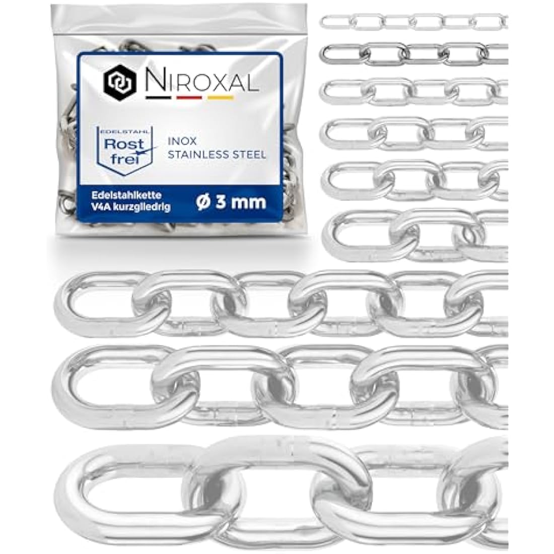 50-Meter 3-mm Thick Stainless Steel Chain V4A Short-Linked from NietFullThings on Piece Anchor Chain DIN 5685 DIN 766 50-m