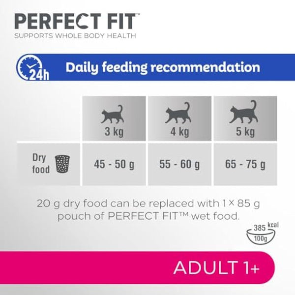Perfect Fit Adult 1+ Complete Dry Cat Food for Adult Cats Aged 1+ Years, Rich in Chicken, 3 Bags (2.8 kg)