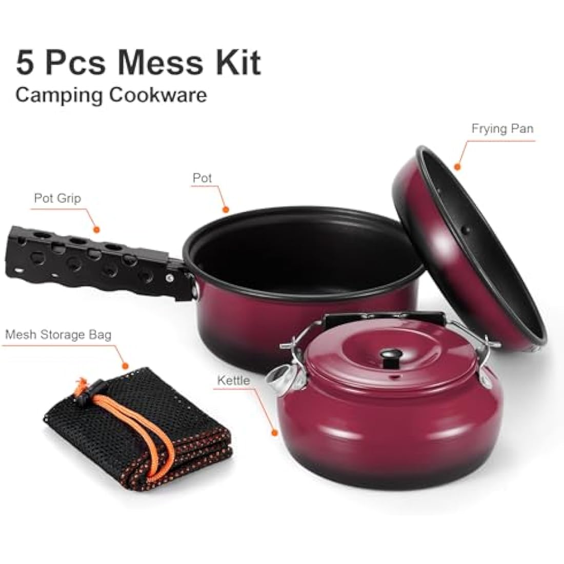 Odoland 5pcs Camping Cookware Mess Kit, Non-Stick Lightweight Pot Pan Kettle Set with a removable handle - Perfect for Backpacking, Camping, Hiking, and Picnic