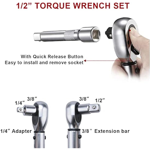 FOURROBBER 3/8-inch Drive Dual-Direction Click Torque Wrench Set 90-Tooth High Accuracy ± 3% Torque Wrench with Buckle 20-140Nm