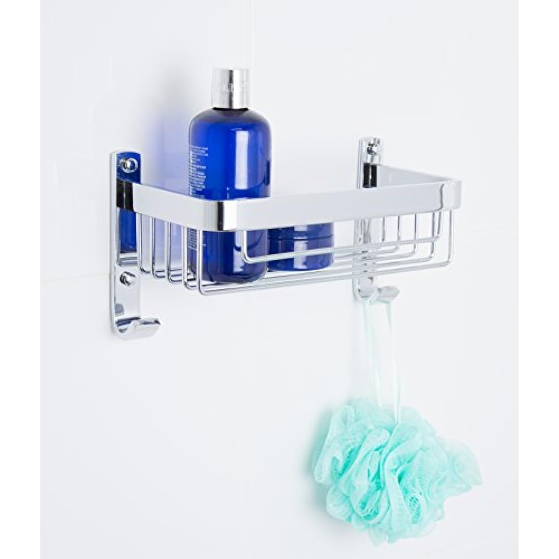 Croydex Aluminium Large Basket - Bathroom Storage Solution, Wall-Mounted Shower Caddy with Hooks, Chrome Bathroom Accessory, Rust-Free, Includes Wall Plugs & Screws, 5kg Load