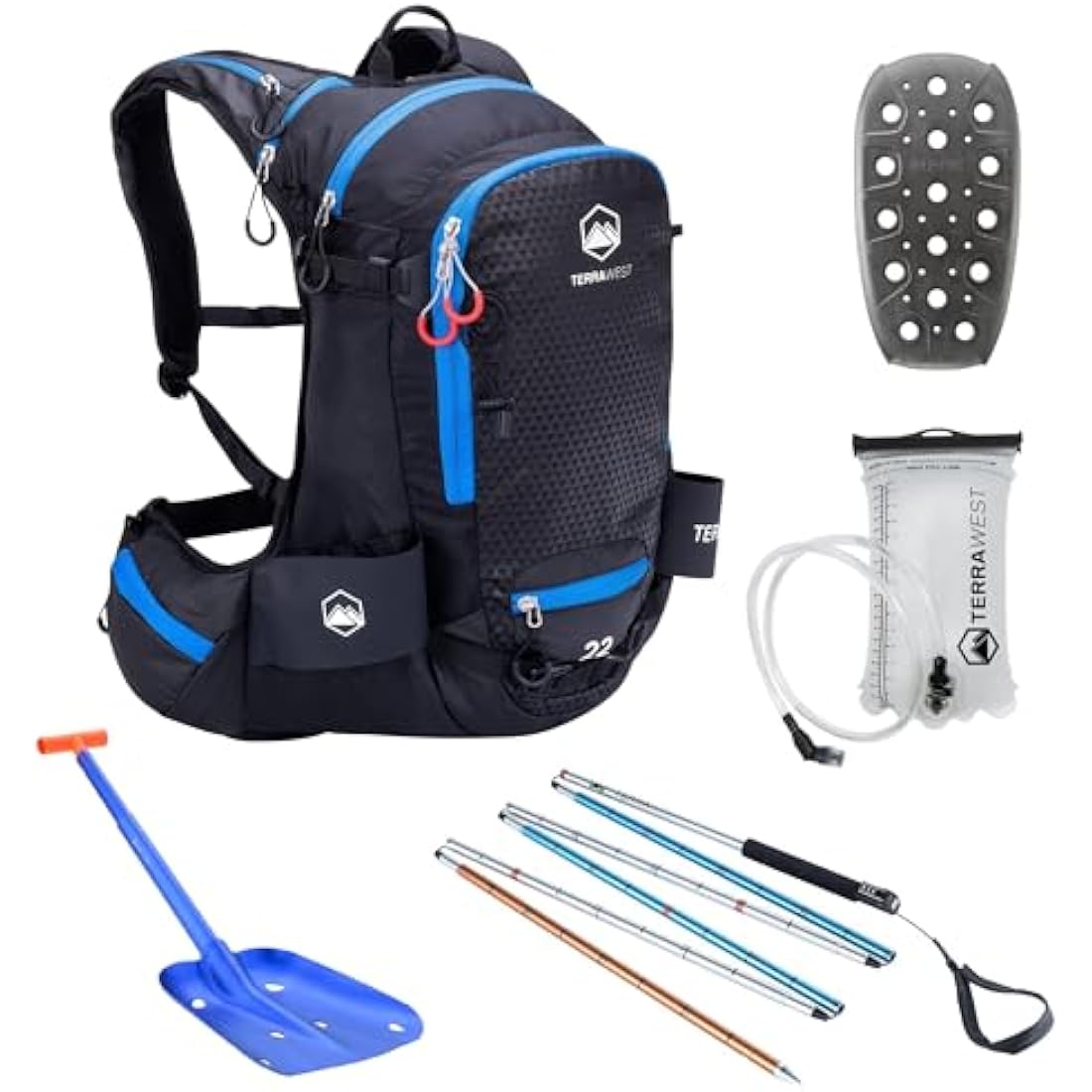 TerraWest Core Avalanche Kit,Ski Backpack Including Recco & Removable Back Protector, Hydration Bladder, Core Plus Shovel, Core 240 cm Quick Lock Probe, Backcountry Skiing, Snowboarding (Black)