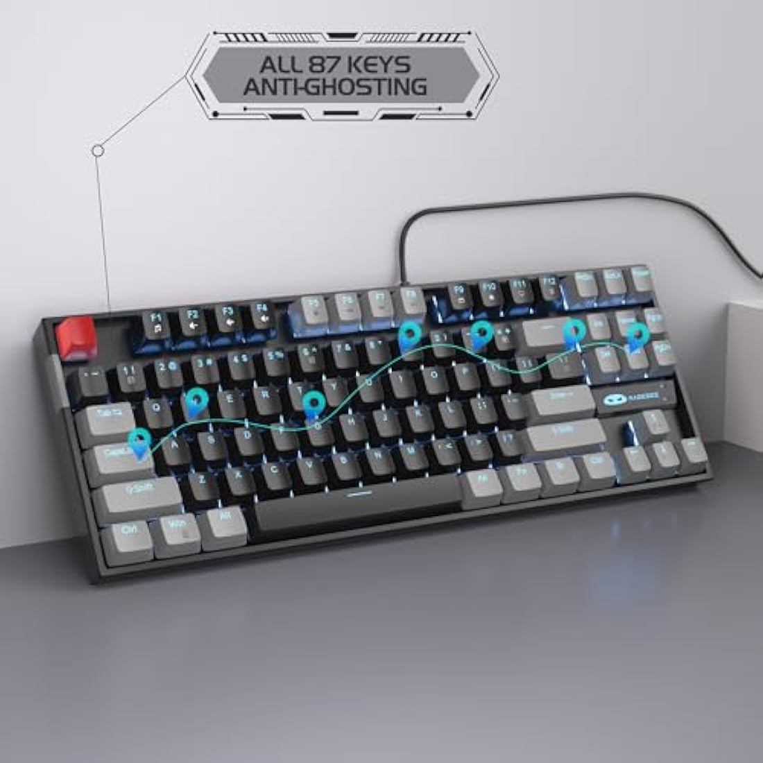 MageGee 75% Mechanical Gaming Keyboard with Red Switch, LED Blue Backlit Keyboard, 87 Keys Compact TKL Wired Computer Keyboard for Windows Laptop PC Gamer - Black/Grey