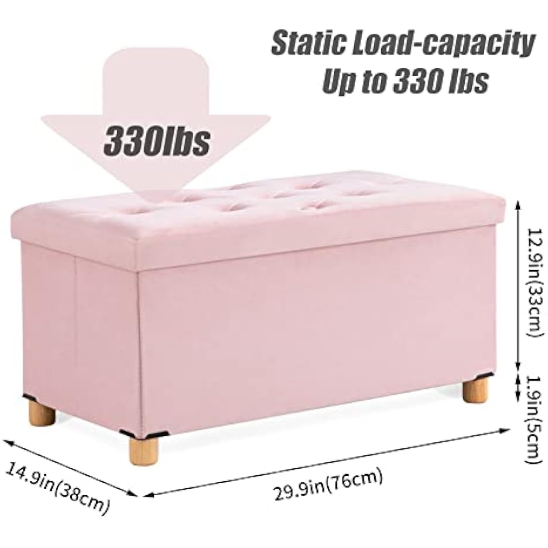 BRIAN & DANY Ottoman Storage Box with 4 Wood Legs, Velvet Storage Ottoman for Living Room, Pink, 76 x 38 x 38 cm