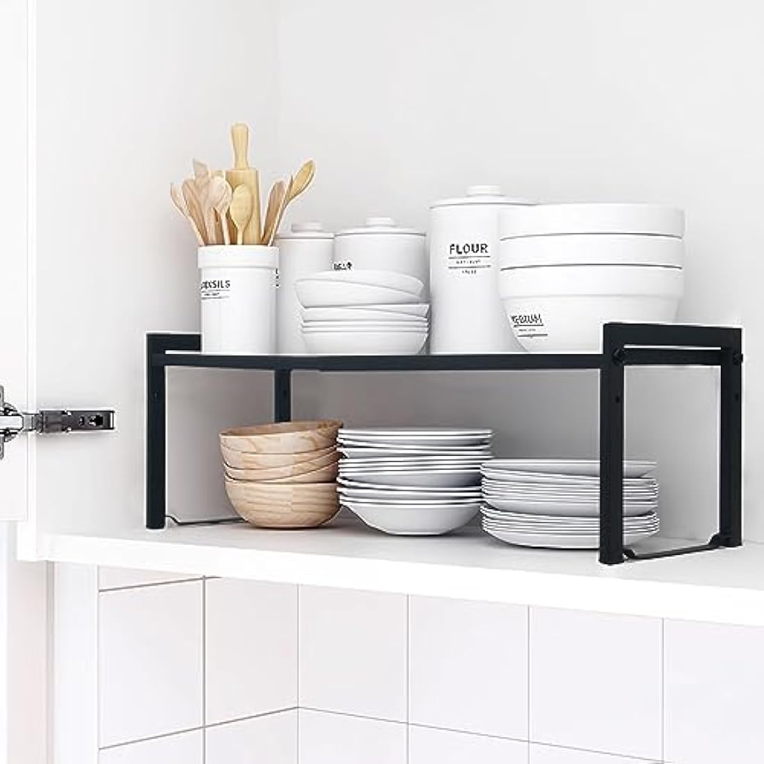 Goodsnetic Expandable Cabinet Shelf 13.8~26"(L), Stackable Kitchen Counter Organizer, 33LBS Heavy Duty Riser, Countertop Storage Pantry shelf, Durable Metal Sink Shelf (Black L)