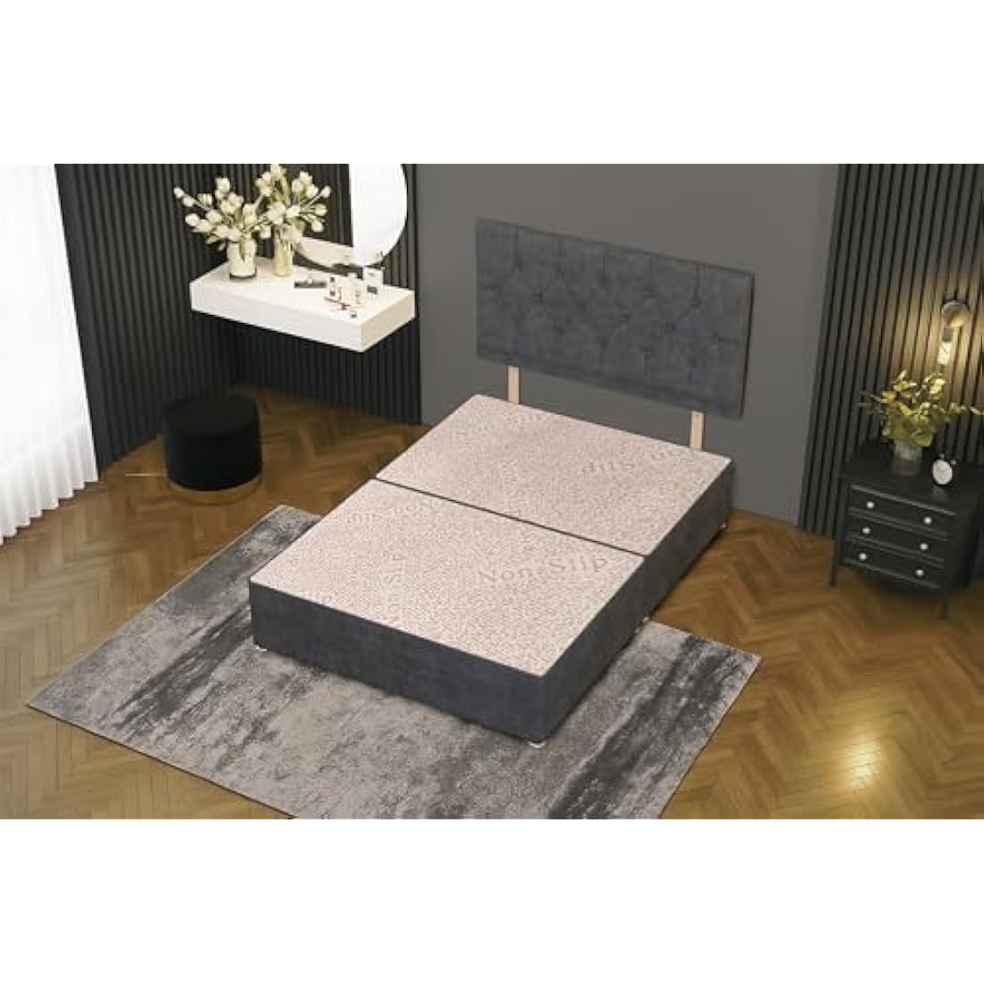 Bed Centre Charcoal Plush Fabric Divan Base Plus Matching Headboard3ft 4ft 4ft6 5ft 6ft (4FT (Small Double))