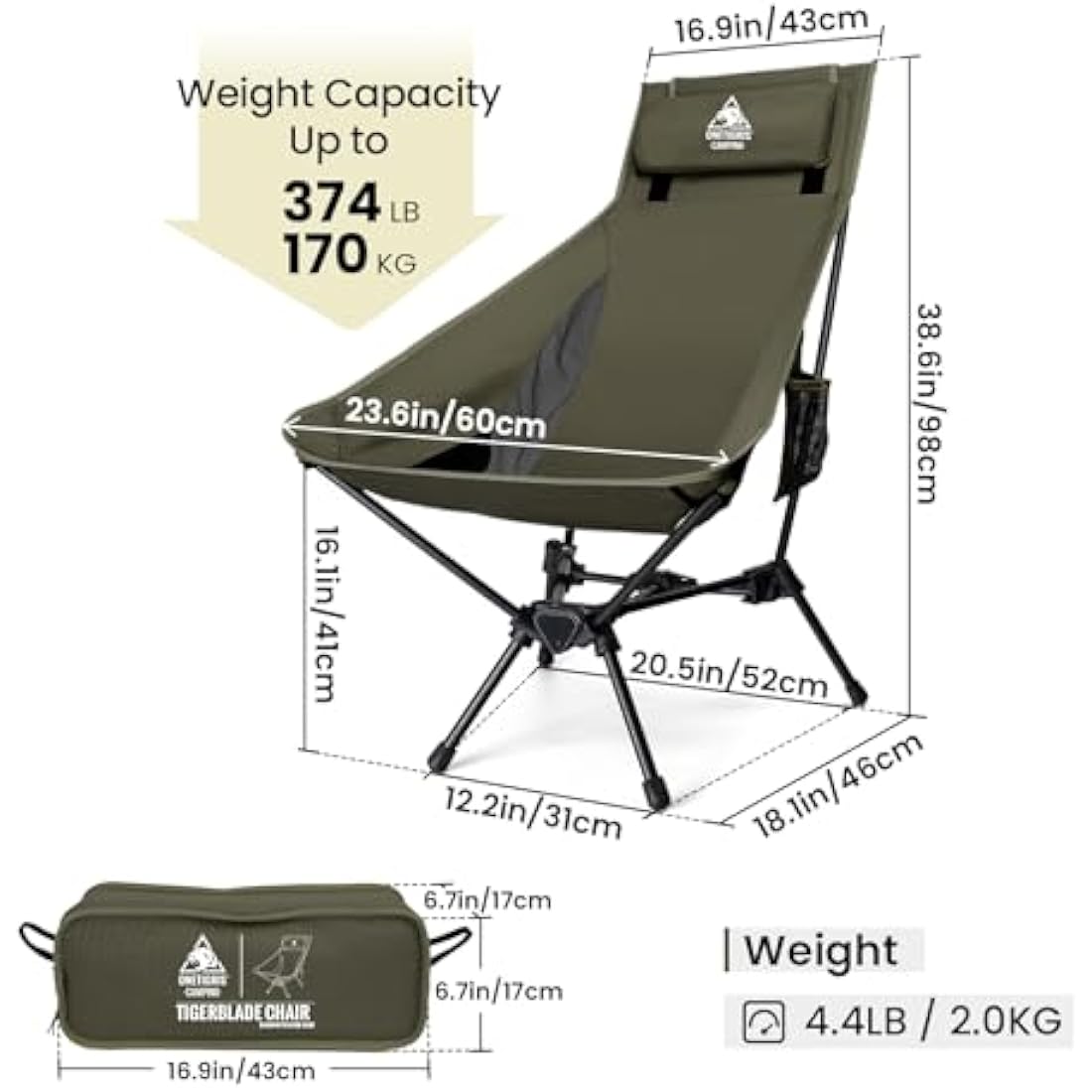 OneTigris Tigerblade High Back Camping Chair with Pillow Design, Comfortable Widened Seat Folding Chair