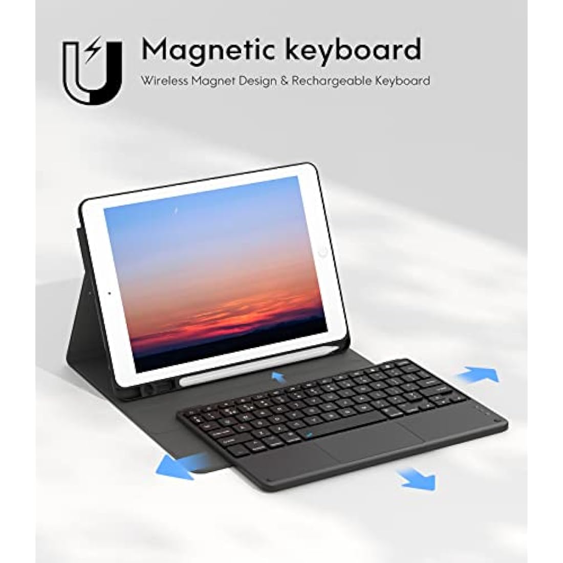 CHESONA iPad 9th Gen Keyboard, Smart Touchpad, 2 Bluetooth Channels, Type C Rechargeable, QWERTY, Black