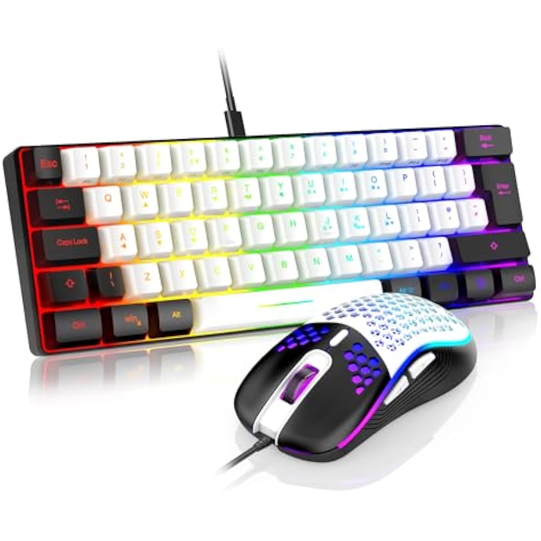 RedThunder 60% RGB Gaming Keyboard and Mouse Combo,UK Layout Ultra Compact Backlit Mini Keyboard, Lightweight 7200 DPI Cellular Optical Mouse, Portable Wired Gaming Set for PC PS5 Gamers(White-Black)