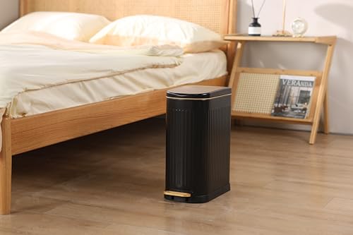 ELPHECO Slim Bathroom Trash Can Foot-Operated Stainless Steel Garbage Can with Soft Close Lid Step Trash Bin with Removable Inner Bucket for Bedroom, Office, Kitchen (Matt Black, 3.5 Gallons)