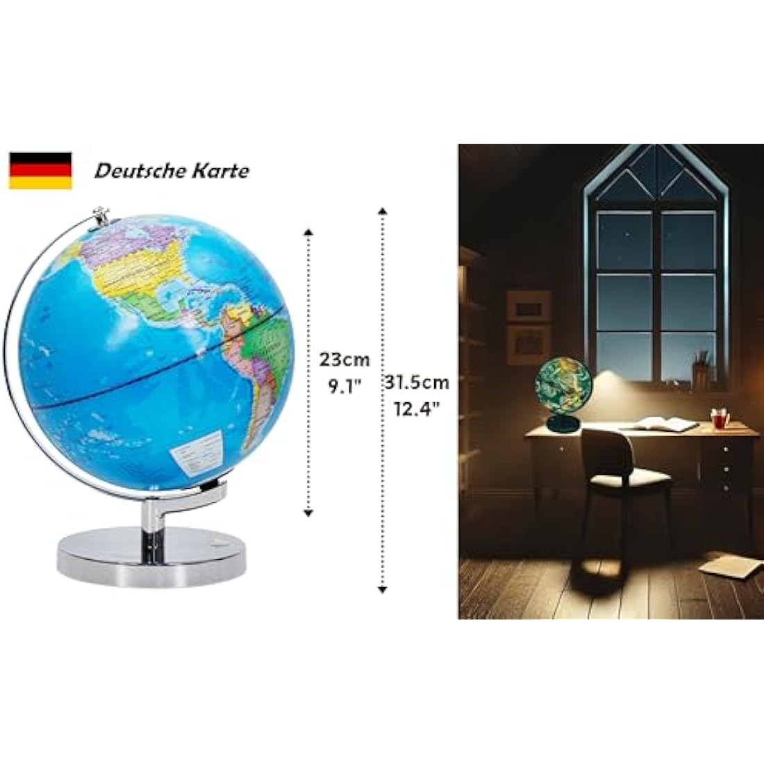 Exerz 23 cm Illuminated Globe Metal Base – German Map – Student Globe with Cable Free LED Lighting On – Political Map (Time of Day) – Constellation Stars (Night)