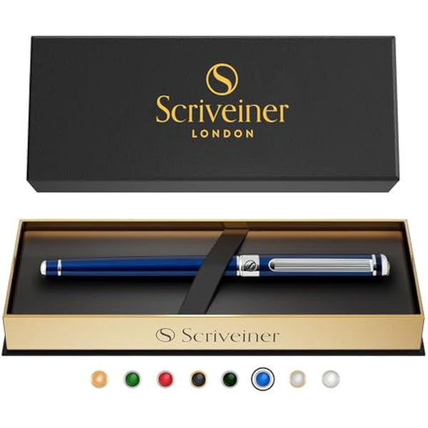 Scriveiner Midnight Blue Rollerball Pen - Multi Award Winning Luxury Rollerball with Chrome Trim & Schmidt Refill, Quality Executive Writing Pen for the Office, Journaling or Gift Set for Men & Women