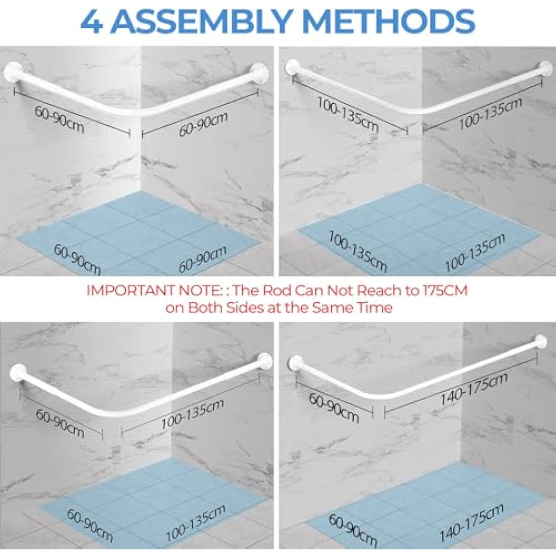 L Shaped Shower Curtain Rail, [60-135cm] x [60-135cm] Adjustable Corner Shower Curtain Rod, Wall Mounted Curved Shower Rail With 12 Rings & Ceiling Support For Bathroom Bathtubs, Need Drilling, White