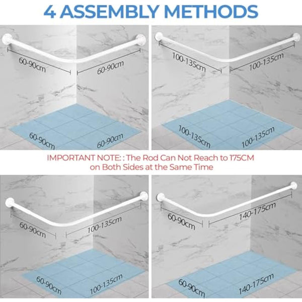 L Shaped Shower Curtain Rail, [60-135cm] x [60-135cm] Adjustable Corner Shower Curtain Rod, Wall Mounted Curved Shower Rail With 12 Rings & Ceiling Support For Bathroom Bathtubs, Need Drilling, White