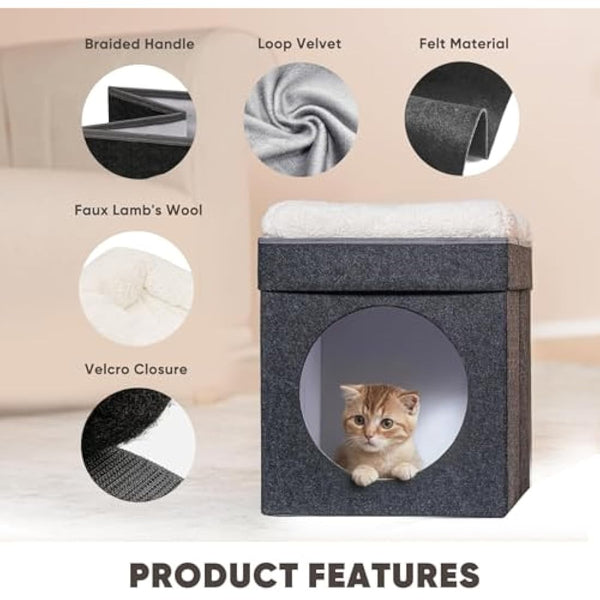 Bonlife Cat Beds for Indoor Cats,Foldable Large Felt Cat House for Winter with Two Move Cushion,Warm Comfortable Dog Bed，Dark Grey 45X45X50CM