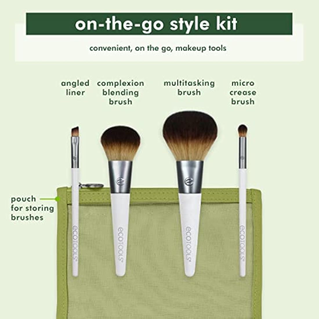 EcoTools On-The-Go Makeup Brush Kit, Travel-Friendly Brush Set, Mini-Size Makeup Tools for Powders, Blush, Bronzer, & Eyeshadows, Eco-Friendly, Synthetic Bristles, Cruelty-Free & Vegan, 5 Piece Set