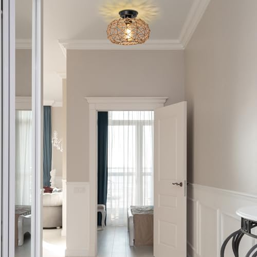 LynPon Boho Ceiling Light Woven Hemp Rope Rattan Cage Wicker Retro Rustic Coastal Semi Flush Mount Light Fixture for Bedroom Hallway Entryway Kitchen