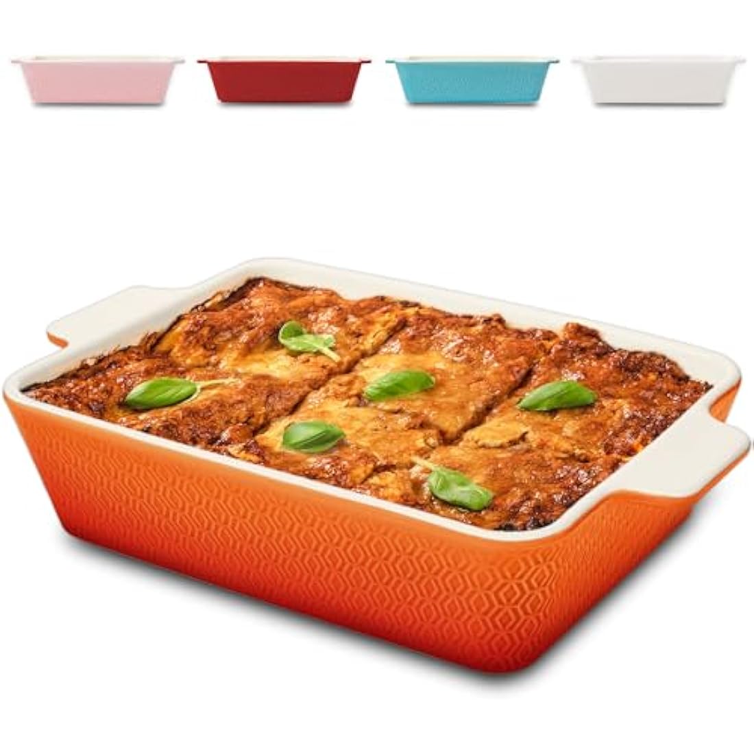 Ceramic Casserole Dish 28cm - Large Baking Dish for Lasagne, Tiramisu - Non-stick Rectangular Bakeware - Extra High Edge - Oven & Dishwasher Safe - Orange