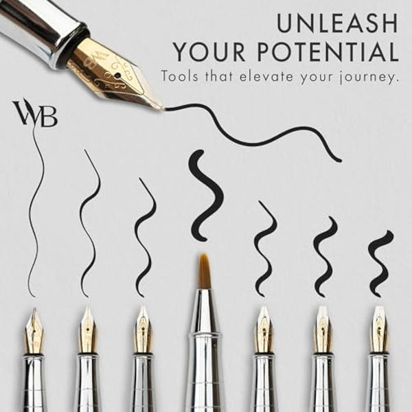 Wordsworth & Black Calligraphy Pen Gift Set, Includes Ink Bottle, 6 Ink Cartridges, Ink Refill Converter, 6 Replacement Nibs, Premium Package, Journaling, Smooth Writing Pens [Blue Chrome]