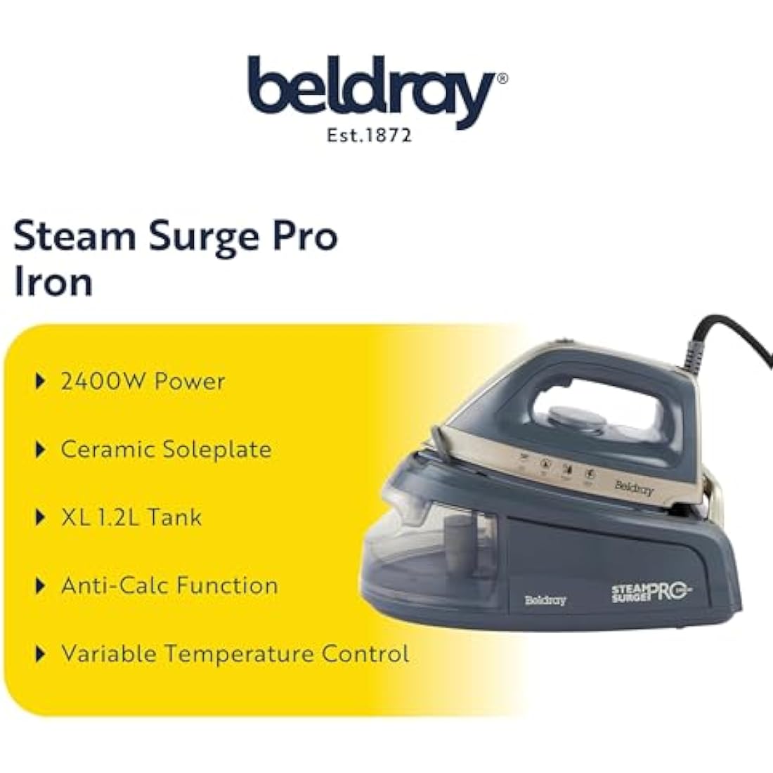 Beldray BEL01137TT Titanium Steam Surge Pro Iron – Steam Station with XL 1.2L Water Tank, Steam Iron with Ceramic Soleplate, Variable Temperature Control, Locking System, Anti-Calc Function, 2400 W