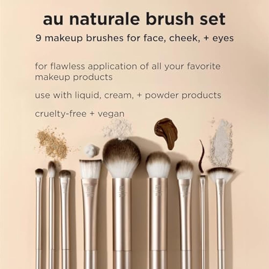 REAL TECHNIQUES Au Naturale Makeup Brush Kit, For Foundation, Powders, and Concealers, Premium Quality Face Brushes, 9 Piece Set, Gold
