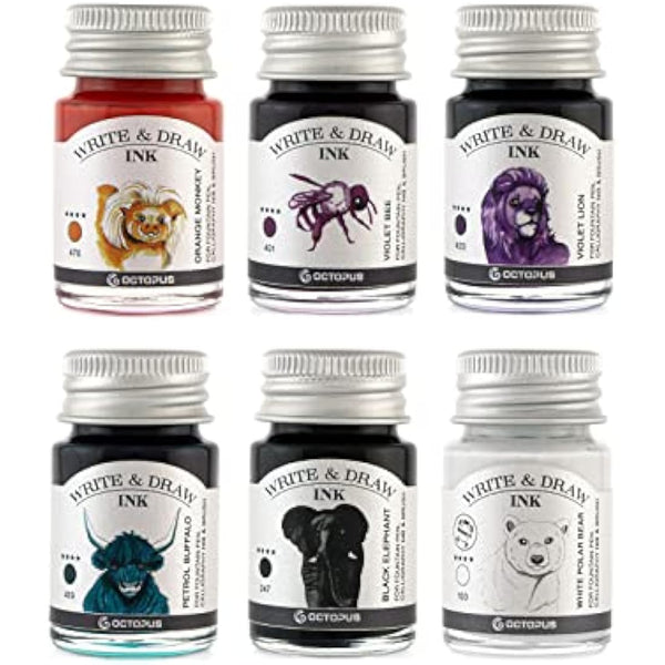 Octopus Write & Draw Ink Set - Basic Mix Calligraphy Ink for Fountain Pens, Waterproof, 6 x 6 x 10 ml