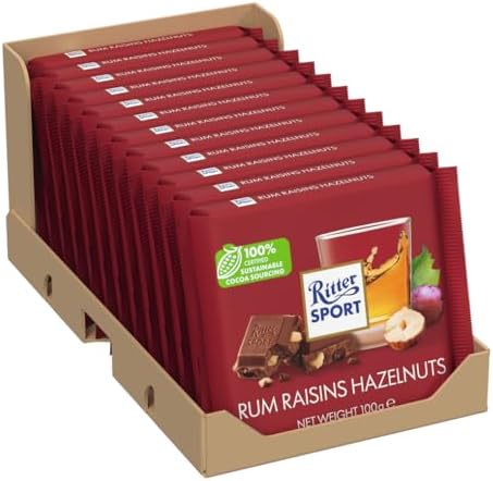 Ritter Sport Rum Raisins and Hazelnuts Chocolate Bar, 100g, Case of 12, Chocolate Sharing Bar