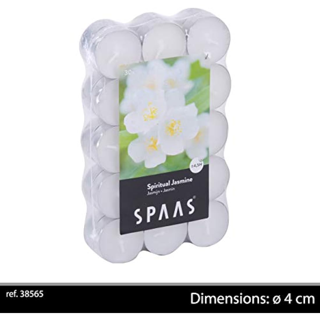 Spaas 30 Scented Tealights in Flatpack, ± 4.5 Hours, Spiritual Jasmine, White