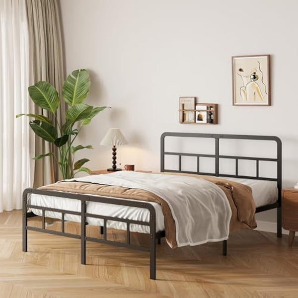 Yicensen Small Double Bed Frame with Headboard and Footboard 120x190 cm, Black Small Double Platform Bed with Heavy Metal Slats for Stable Support, No Box Spring Needed, Noise Free, Easy Assembly