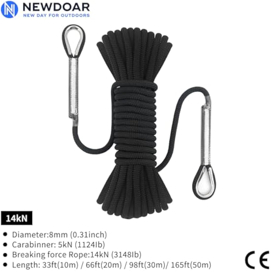 NewDoar 14KN Static Climbing Rope 8mm Accessory Cord Equipment 33FT(10M) 66FT(20M) 98FT(30M) 165FT(50M) Escape Rope with 2 Carabiners for Ice Climbing Fire Rescue Rope Safety Rope