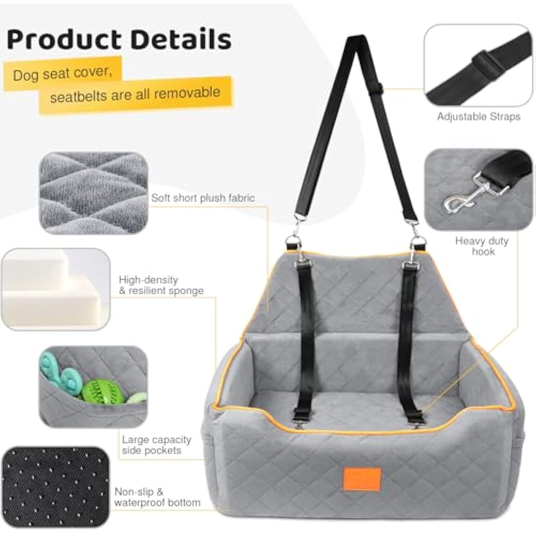 GL GLENSLAVE Dog Car Seat for Large/Medium Dogs, Dog Booster Seat for Pet Under 55Lbs or 2 Small, Detachable and Washable Travel Pet Bed with Thick Cushion and Storage Pockets (Grey)