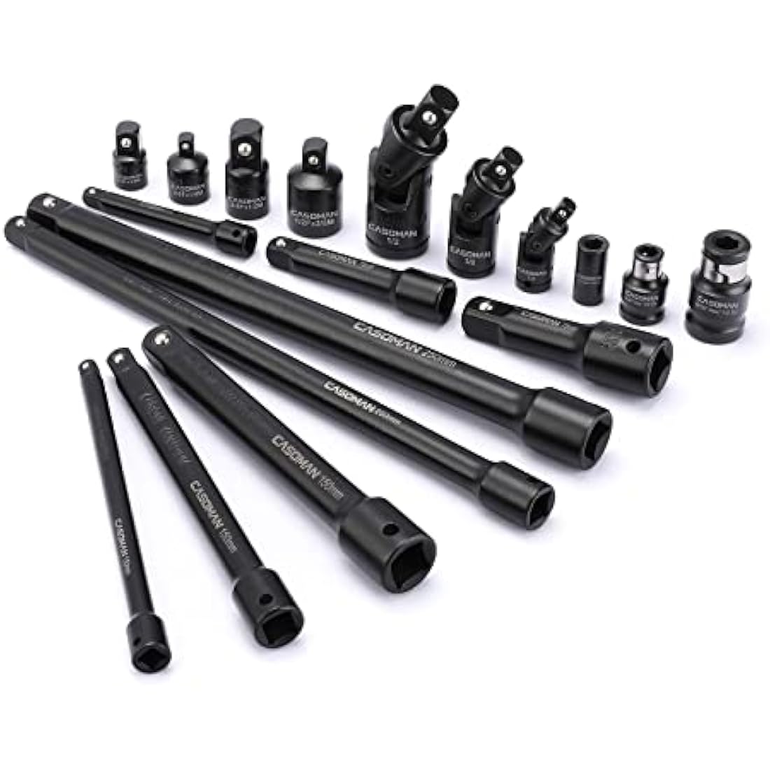 CASOMAN 18 Pieces Drive Tool Accessory Set, Socket Extension Tool, Includes Adapters, Extensions and Universal Joints and Impact Coupler, Professional Socket Accessories