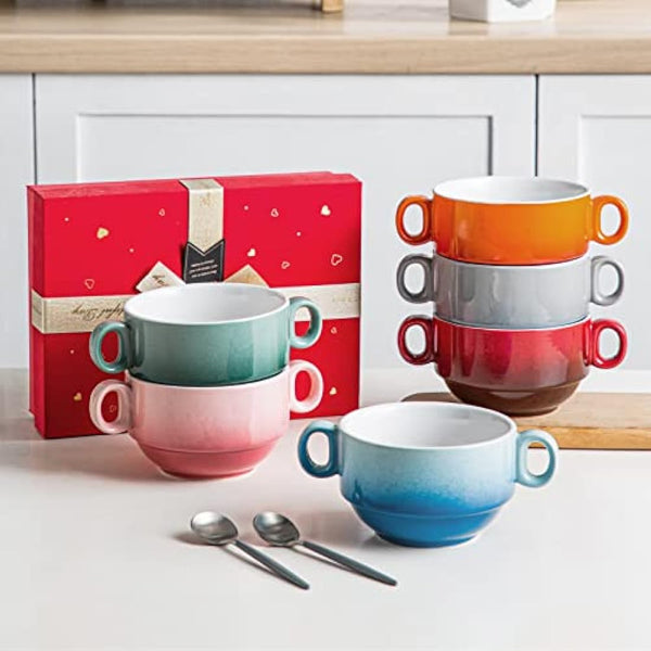 LOVECASA Soup Bowls with Handles 380ml 13 oz, Ceramic French Onion Soup Bowl crocks Oven & Microwave Dishwasher Safe, Porcelain Stackable Handled Bowls Set of 6