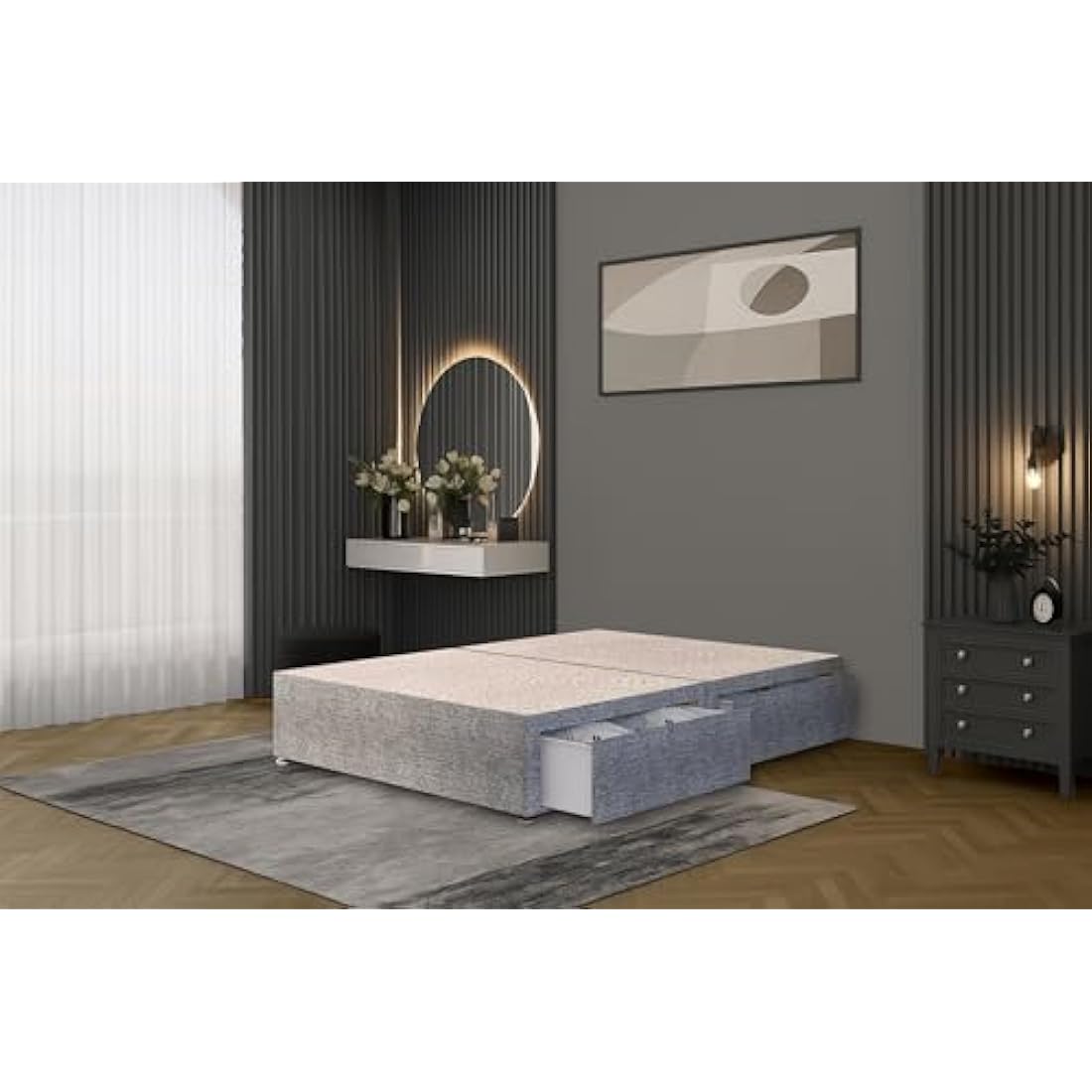 Bed Centre Tweed Gray Flexby Divan Bed Base - Headboard And Storage Drawer (Single, Small Double, Double, King and Super King Size (Single, Divan Base with 2 Drawer Same Side No Headboard)