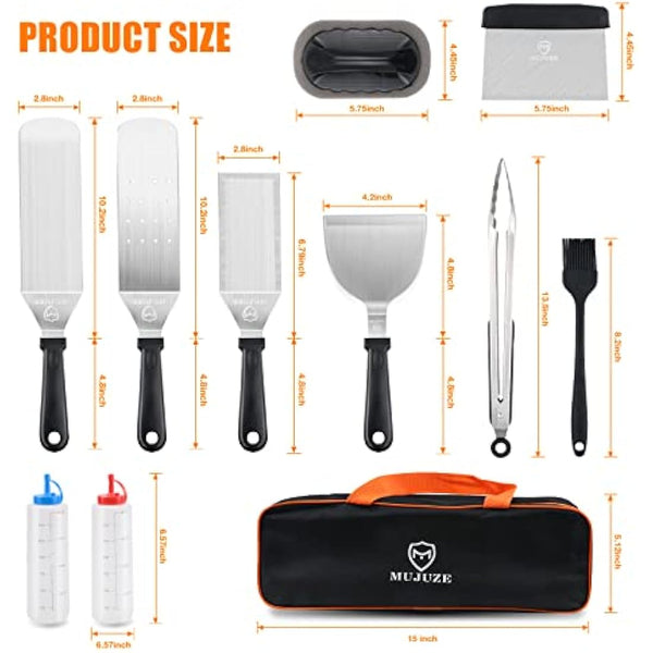 MUJUZE Griddle Accessories Set Stainless Steel Gift for Men Dad,Professional Barbecue Griddle Spatula Set,Flat Top Griddle Accessories in Case,BBQ Tools Set Accessories for Grilling Teppanyaki Camping