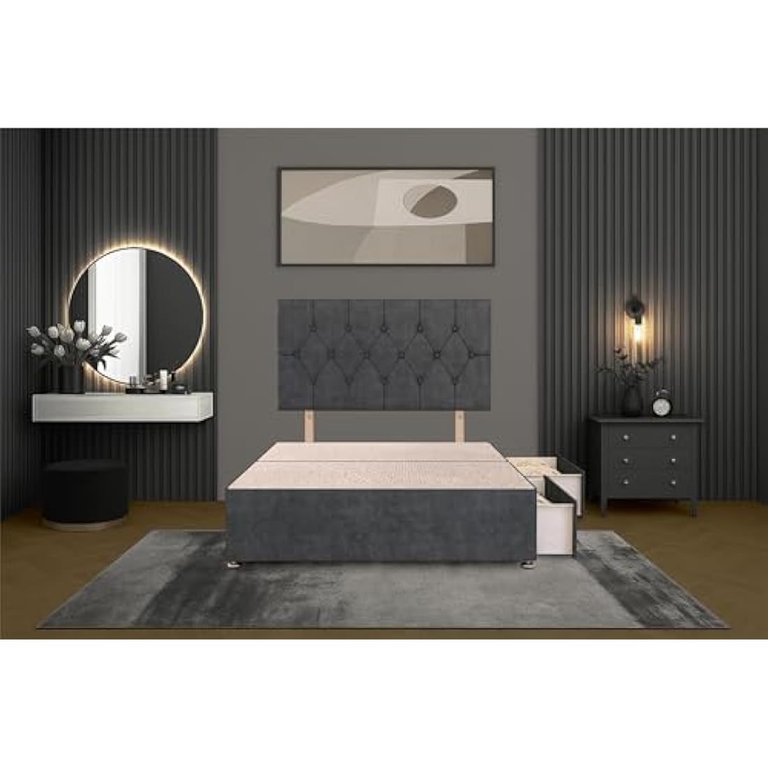 Bed Centre Charcoal Plush Fabric Divan Base Plus Matching Headboard3ft 4ft 4ft6 5ft 6ft (4FT6 (Double))